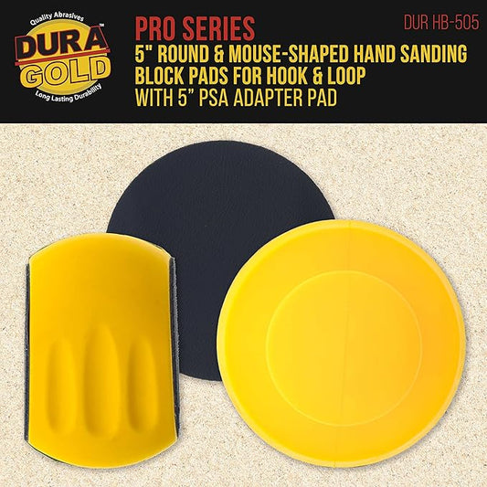 Dura-Gold Pro Series 5" Round & Mouse-Shaped Hand Sanding Block Pads for Hook & Loop and PSA 5" DA Sanding Discs - 2-Way Adapter Pad to Use PSA Sandpaper - Automotive Sand Polish Woodworking Furniture