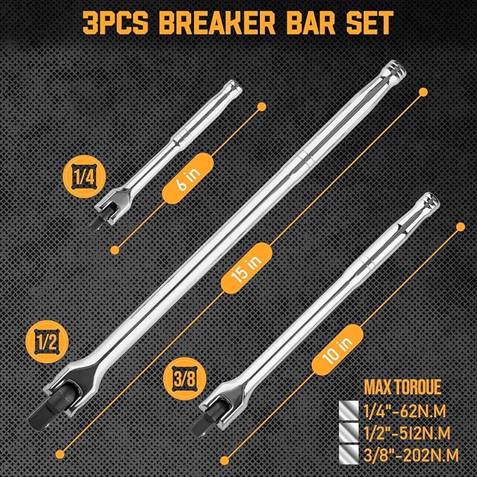 3PCS Breaker Bar Set, 3/8'', 1/4in, 1/2inch Breaker Bars with 180째Rotatable Head, Heavy Duty Breaker Bar Kit with 15 inch, 10 inch, 6 inch Length for Automobile and Motorcycle Maintenance and Repair