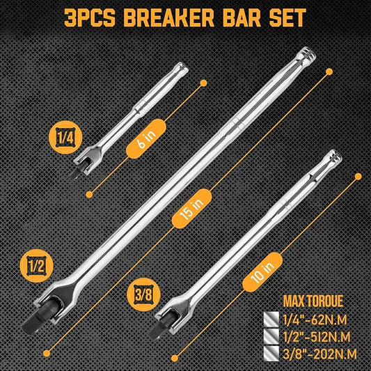 3PCS Breaker Bar Set, 3/8'', 1/4in, 1/2inch Breaker Bars with 180째Rotatable Head, Heavy Duty Breaker Bar Kit with 15 inch, 10 inch, 6 inch Length for Automobile and Motorcycle Maintenance and Repair