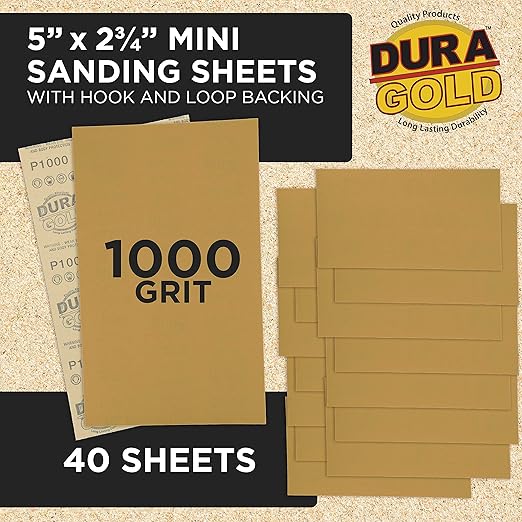 Dura-Gold Premium 5" x 2.75" Gold Sandpaper Sheets, 1000 Grit (Box of 40) - Hook & Loop Backing, Wood Furniture Woodworking, Auto Paint - for Palm Sanders, Clip-On, Hand Sanding Blocks