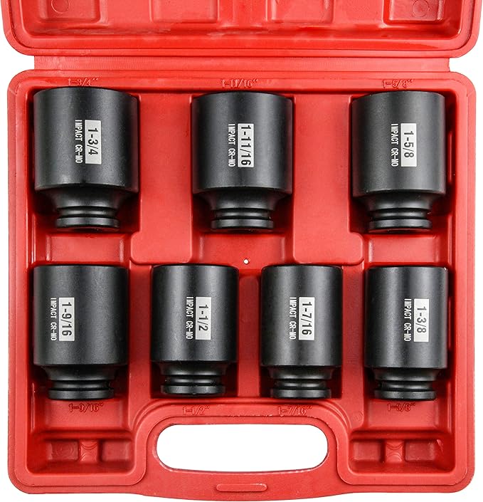 SEKETMAN 7Pcs 1/2" Drive Deep 6-Point Impact Socket Set/Spindle Nut Impact Socket Set, Inch, Cr-Mo,1-3/8-Inch - 1-3/4-Inch
