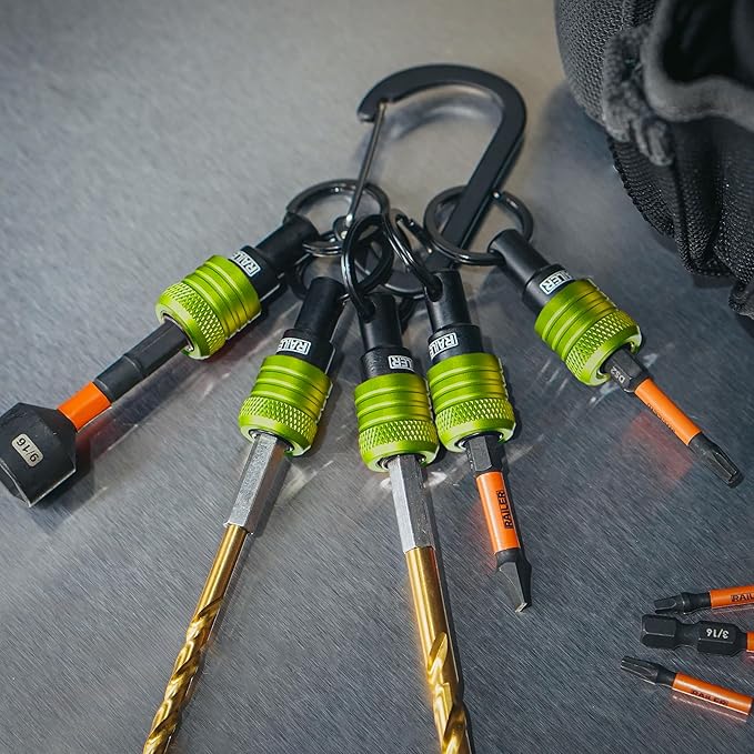 Railer Bit Holder Keychain 5pc - 1/4 inch Hex Shank Bit Holders - Quick Release Bit Holder for Nut Driver, Screwdriver & Drill Bits w/Key Chain Carabiner