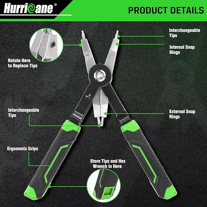 HURRICANE 8" Quick Turn Snap Ring Pliers with Interchangeable Tips, Straight and 90째 Curved Tips, HRC40-45 Hardness, Includes 4 Pairs of Tips for Precision Work, Ideal for Car Repair & Construction