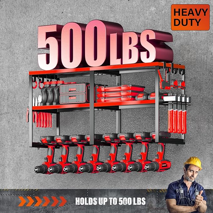 Power Tool Organizer Wall Mount, Heavy Duty Cordless Tool Organizer 8 Drill Holder, 3 Layer Garage Organization for Storage Rack, Suitable Tool Rack for Tool Room, Workshop, and Storage (Red)