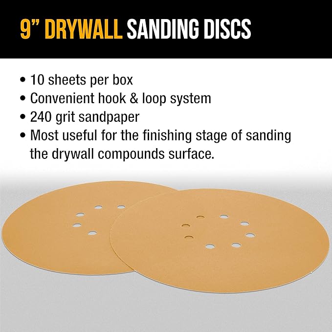 Dura-Gold Premium 9" Drywall Sanding Discs - 240 Grit (Box of 10) - 8 Hole Pattern Sandpaper Discs with Hook & Loop Backing, Fast Cutting Aluminum Oxide Abrasive - for Drywall Power Sander, Sand Wood