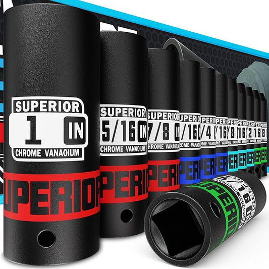 12 Piece 1/2" Drive Deep Impact Socket Set, 3/8" to 1", SAE, 6 points, CR-V Material, Cars, Motorcycles, Tire Changes
