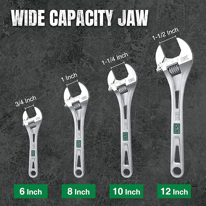 SK 6-Inch Adjustable Wrench, 3/4" Jaw Capacity, Cr-V Steel, SAE&Metric Scales