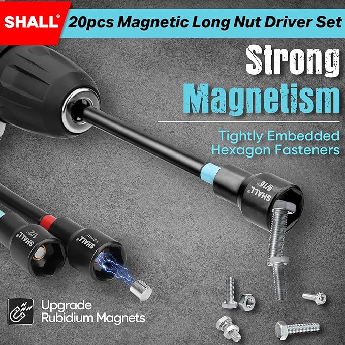 SHALL 20PCS Magnetic Nut Driver Set, 6??Long Nut Drivers for Impact Drill, SAE & Metric 1/4??Hex Shank Nut Driver Bit & Impact Drill Driver Bit w/Power Screwdriver Bits PH1/PH2/SQ2/T20, Storage Bag