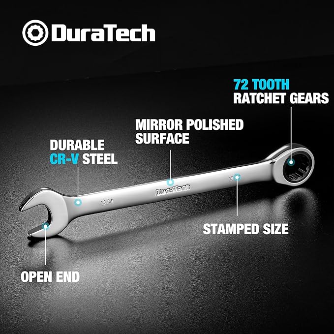 DURATECH 3/4" Ratcheting Combination Wrench, SAE, 72-Tooth, 12-Point, CR-V Constructed with Mirror Polish