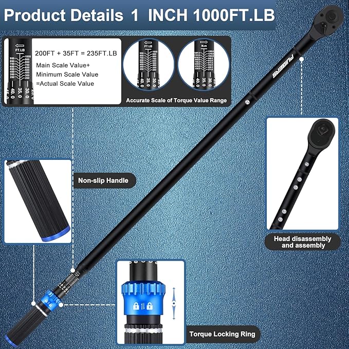 High Torque Wrench 1'' 200-1000 ft, 1 Inch Torque Wrenches for Car, Truck, Tractor, Accuracy 짹 3% Two Directions Adjustable 24 Teeth Precision Instruments