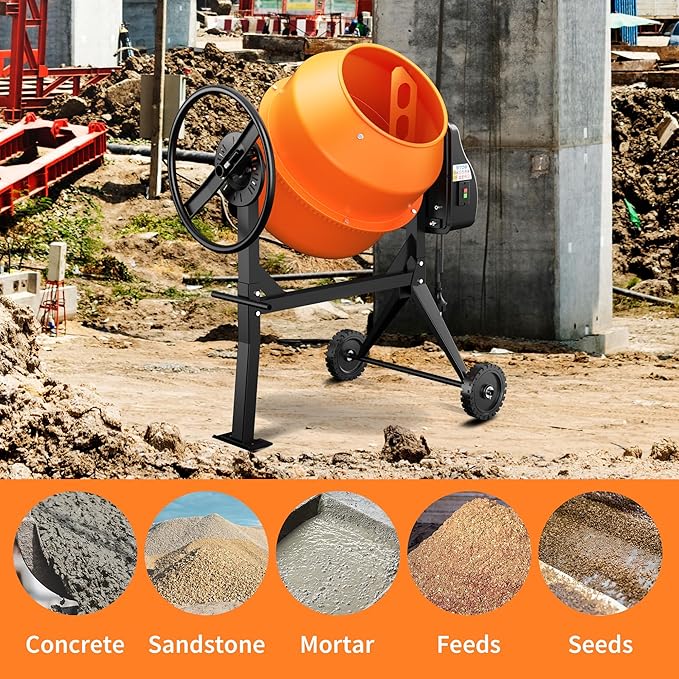 Electric Concrete Mixer, 4.3 Cubic Ft, 3/5HP. 450W Portable Concrete Mixer Machine with Stand & Wheels for Stucco, Mortar, Seeds, Orange-2026 Upgraded