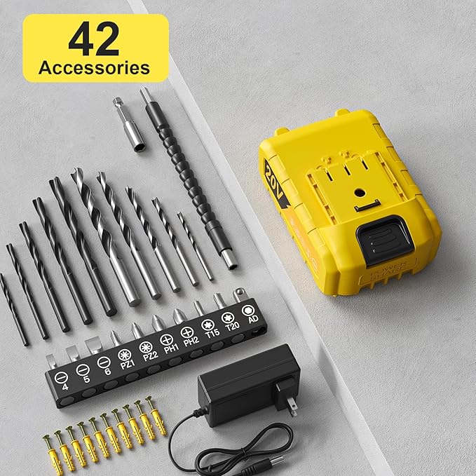 Cordless Drill Set, VIWKO 20V Power Drill with Power Pack 2.0Ah and Charger, 3/8-Inch Keyless Chuck Electricdrill, 25+1 Torque, 42pcs Drilldriver Bits/Screws for DIY Projects (Yellow)