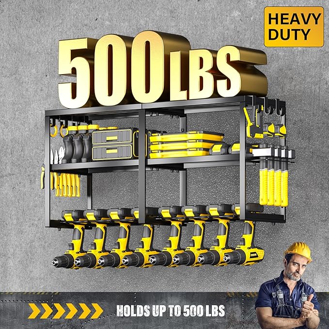 Power Tool Organizer Wall Mount, Heavy Duty Cordless Tool Organizer 8 Drill Holder, 3 Layer Garage Organization for Storage Rack, Suitable Tool Rack for Tool Room, Workshop, and Storage (Black)