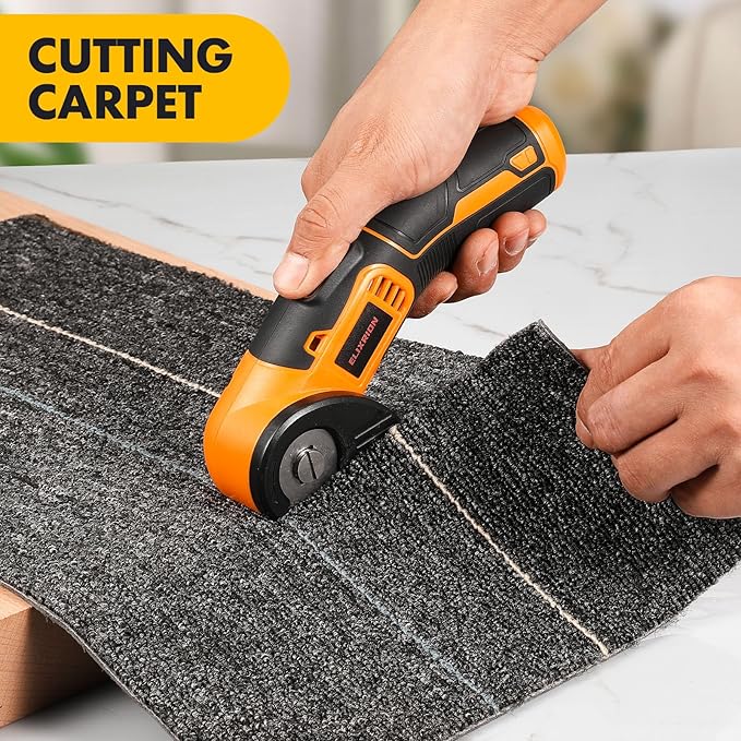 Cordless Electric Scissors Rotary Cutter with 2 Blades & Storage Bag | 4V 2000mAh Rechargeable | Heavy Duty for Cardboard Fabric Carpet Leather | Lightweight Portable (Yellow)