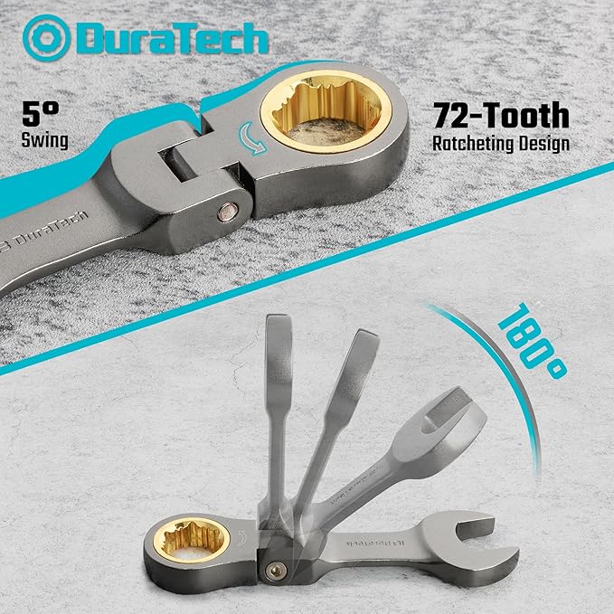 DURATECH 12-Piece Anti-Slip Flex-Head Ratcheting Wrench Set, Stubby Combination Wrench Set, Metric, 8-19mm, 72-Teeth, CR-V Steel, Nickel Plated with Pouch