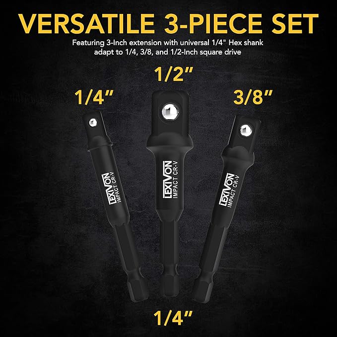 LEXIVON [2-Pack] Impact Grade Socket Adapter Set, 3" Extension Bit With Holder | 3-Piece 1/4", 3/8", and 1/2" Drive, Adapt Your Power Drill To High Torque Impact Wrench (LX-101X2)