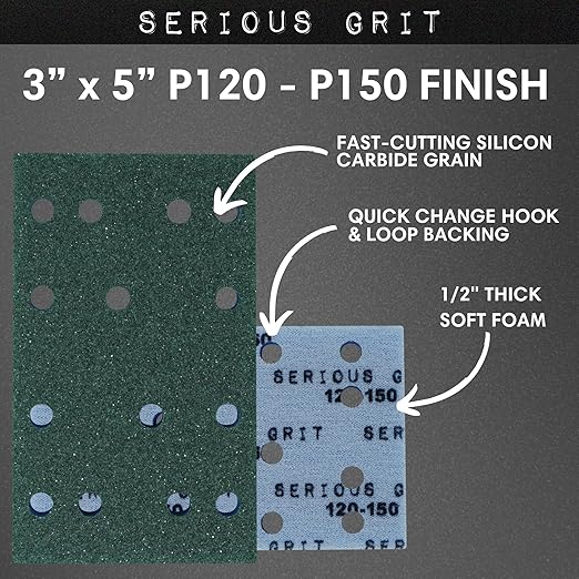 Serious Grit - 3" x 5" (80x133mm) Foam Sanding Pads - P120-150 Medium Finish Grit - 1/2" Thick Low Density Foam - Hook & Loop - Fits Festool RTS 400 & Mirka DEOS 3x5 Sanders ??Made in USA ??10 Pack