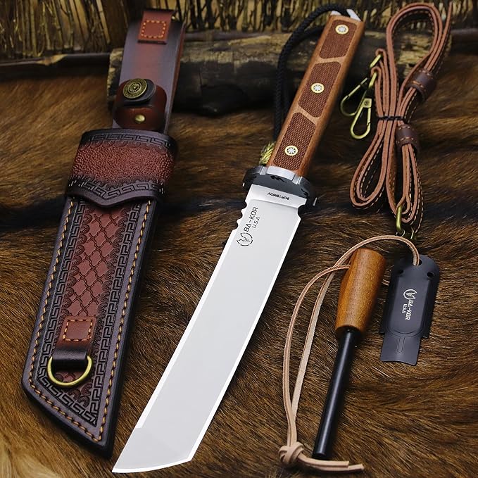BA-KOR 7mm 9CR18MOV steel (15.6IN) sandalwood handle full Tang fixed knife+scabbard+(single shoulder strap)&(5.9IN) cerium igniter, suitable for outdoor hunting, camping, survival, EDC tool knife