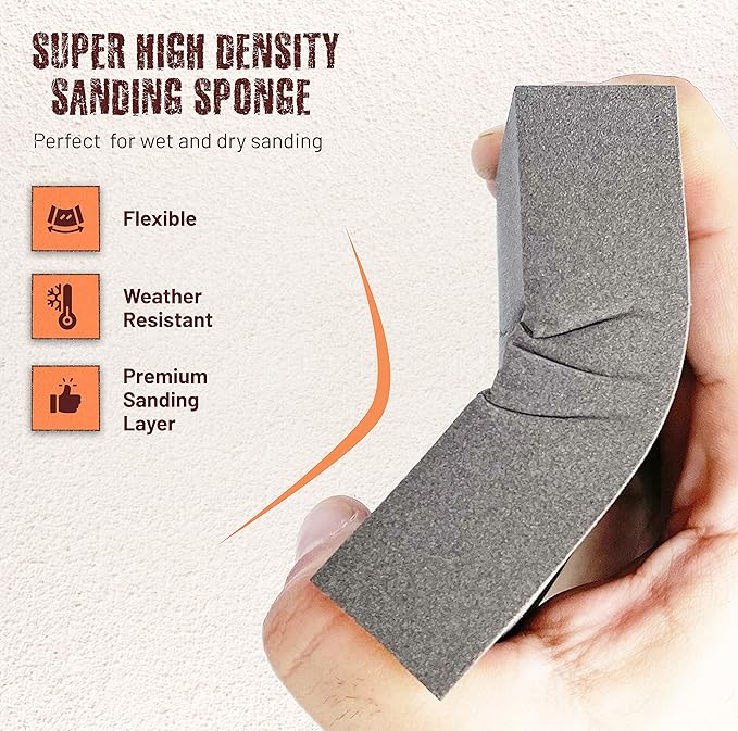 4-Pack 320 Grit Sanding Sponges with Work Gloves ??Superfine High-Density Sandpaper Blocks for Wood, Drywall, Metal, and Furniture Polishing ??Reusable Wet/Dry Sanding Blocks