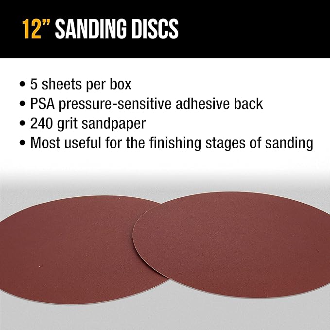 Dura-Gold Premium 12" Sanding Discs - 240 Grit (Box of 5) - Sandpaper Discs with PSA Self Adhesive Stickyback, Fast Cutting Aluminum Oxide Abrasive - Drywall, Floor, Woodworking, Automotive, Sander