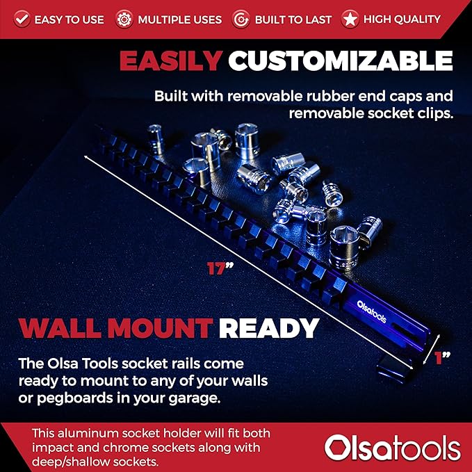 Olsa Tools Socket Organizer - 3/8-Inch Drive Blue Holder - Stores 18 Chrome or Impact Sockets - Professional Grade Metric or SAE Socket Organizer - Professional-Grade - Part 1014