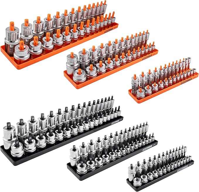 OEMTOOLS 22418 Socket Organizer Set, 6-Piece Holder Set Includes 1/4", 3/8", 1/2" Drive Metric SAE Socket Trays, Tool Box Organizer, Christmas Gift for Men(Sockets not Included)
