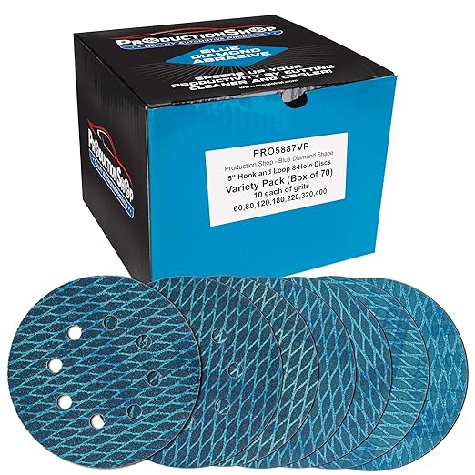 Premium 5" Rhombus Diamond Shape Blue Sanding Discs, 8-Hole, 70 Disc Variety Pack, Grits 60, 80, 120, 150, 180, 220, 320, 400 - Hook & Loop Sandpaper, Random Orbital Sanders, Metal Wood
