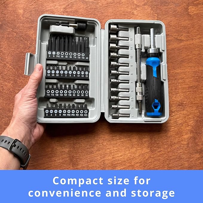 Apollo Tools 54-Piece Screwdriver & Nut Driver Bit Set ??Ratcheting Handle, Flexible Extension, Metric Nut Drivers, Specialty Bits for Household, Automotive, & Appliance Repairs, Blue/Gray DT9025
