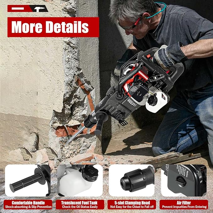 Gas Demolition Jack Hammer 33CC 2 Stroke Gasoline Concrete Breaker Punch Drill Breaker 4000BPM, Hammering Slotting Drilling Crushing 4 Functions, with 3 Drills & 2 Point Flat Chisels Set (33CC 1000W)