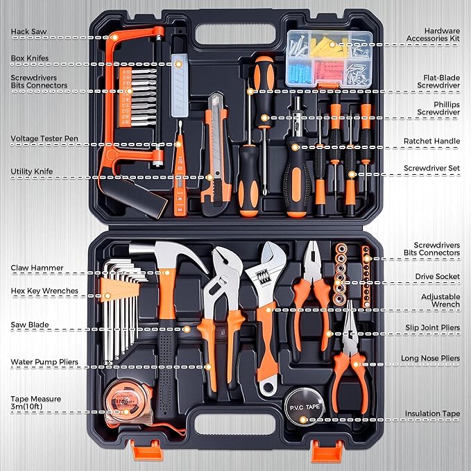 KOOPOOL 160 Piece Tool Set, Basic Home and Car Tool Kit with Tool Box, Automotive Apartment New Homeowner Hand Tool Kit for Men