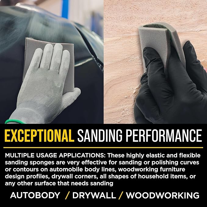 Dura-Gold Very Fine Cut Sanding Sponges, Box of 10-5.5" x 4.5" (320 to 400 Grit) Performance Conform & Flex Wet or Dry Flexible Softback Sandpaper Sponges, Hand Block - Wood Drywall Metal Auto Paint