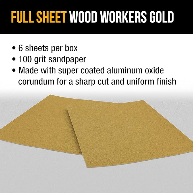 Dura-Gold Premium 9" x 11" Gold Sandpaper Sheets, 100 Grit (Box of 6) - Wood Furniture Woodworking, Automotive Paint, Full-Size Cut to Use on 1/4, 1/3, 1/2 Sheet Finishing Sanders, Hand Sanding Block