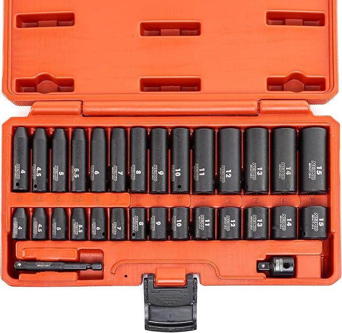 NEIKO 02481A 1/4" Drive Impact Socket Set, 30 Piece, Metric Sizes 4 ??15 MM, Deep and Shallow Sockets, Chrome Vanadium Steel, 3/8??to 1/4??Reducer, Hex Shank Socket Impact Adapter, Socket Wrench Set