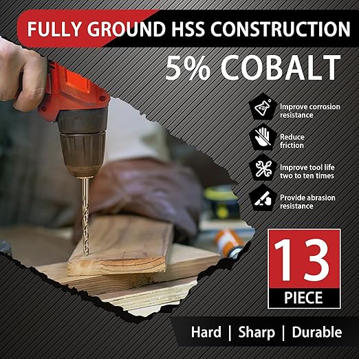 13Pcs Cobalt Drill Bit Set, M35 HSS, SAE (1/16" - 1/4"), 135째 Tip, Twist Jobber Length Drill Bit Kit for Hardened Metal, Stainless Steel, Cast Iron, Plastic and Wood, Indexed Storage Case