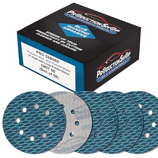 Premium 60 Grit 5" Rhombus Diamond Shape Blue Sanding Discs, 8-Hole, Box of 50 - Hook & Loop Anti-Clogging J-Cloth Dustless Sandpaper for Random Orbital Sanders, Sand Auto Paint, Wood