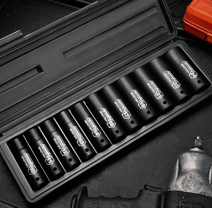 EPAuto 1/2-Inch Drive Metric Deep Impact Socket Set, Cr-V, 6 Points, 11 Sockets