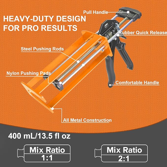 Epoxy Gun Dual Component 400ml ??Manual 1:1 & 2:1 Ratio Adhesive Applicator for Epoxy, Urethane, Acrylic,High-Thrust 2-Part Adhesive Gun for Panel Bonding, Structural & Plastic Repair,Orange