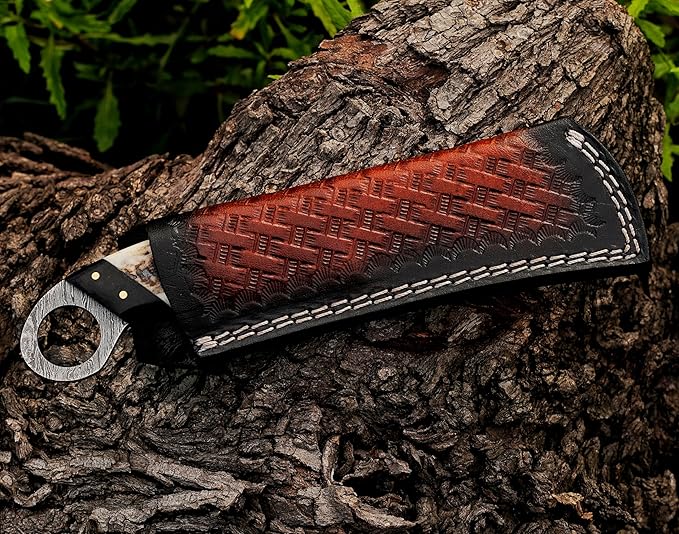 Handmade Damascus Steel,Deer Antler handle fixed blade knife with Leather sheath, Heavy Duty Utility Knife,Skinning knife for professional.