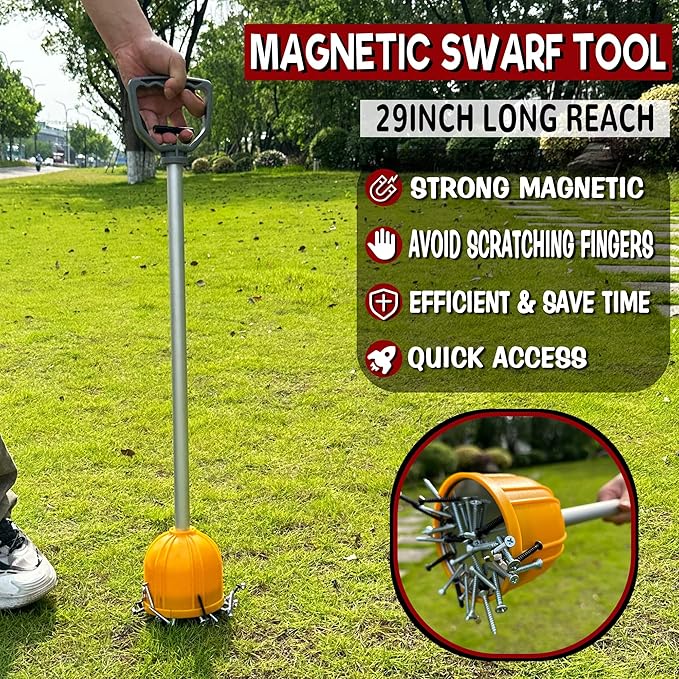 ULIBERMAGNET Yard Lift Magnet Sweeper, 29inch Long Reach Magnetic Bulk Lifter with Quick Release, Extendable Yard Pull Magnet Sweeper, Magnetic Swarf Tool with Extended Handle for Nails, Screws, Nut