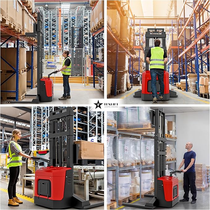 Full Electric Forklift Walkie Pallet Stacker with Stand - Fixed Straddle Legs and Adjustable Forks 5.50 Inch to 27 Inch ??Material Lifter 3300lbs Capacity 8Ft/98 Inch Lifting Heights - 2 Pack