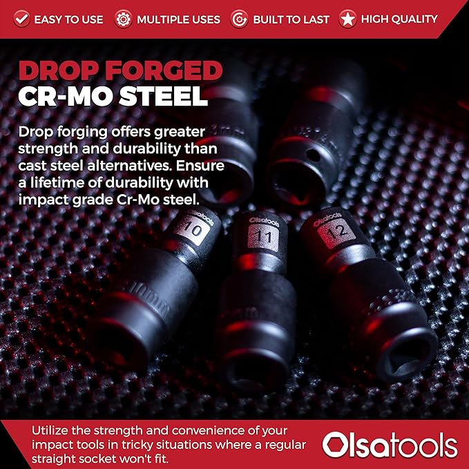 Olsa Tools Swivel Impact Socket Set, 3/8" Drive Metric - Pinless Universal Joint Sockets - Impact Swivel Socket Set - Drop-Forged Cr-Mo High Torque Wobble Sockets with Rail - Part: 1759