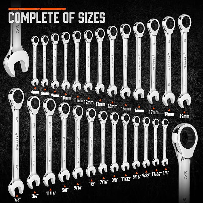 HORUSDY 26-Piece Ratcheting Wrench Set | Metric and SAE | Ratchet Combination Wrenches Set with Organizer | 72-Tooth | Chrome Vanadium Steel | 6-19 mm & 1/4??to 3/4??(13-Piece Metric&SAE)