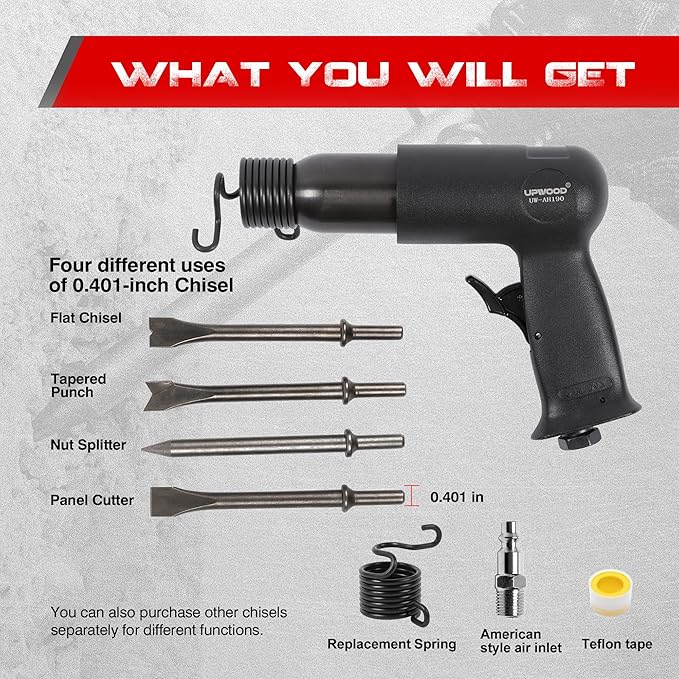 UW-AH190 Medium Barrel Air Hammer Kit with Quick Change Retainer and 4 Chisels, 2-5/8 Inch Stroke, 3500 BPM, Lightweight