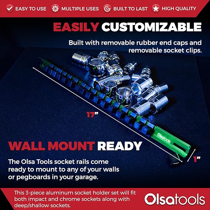 Olsa Tools Aluminum Socket Organizer, 3pc Set - Green Socket Holder Kit 1/2-Inch, 3/8-Inch, and 1/4-Inch Drive - Holds 58 Chrome or Impact Sockets - Professional Grade Socket Rails - Part: 1102