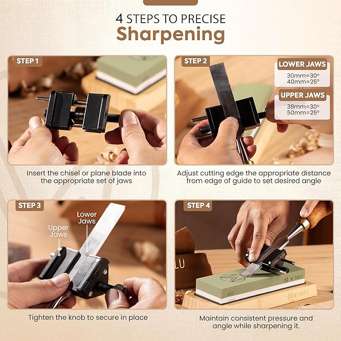 Mt Diablo Chisel Sharpening Kit - Precision Honing Guide for 1/4" to 2" Chisels & 1-3/8" to 3-1/8" Plane Irons, Sharpening Jig With Stainless Steel Rollers, Rust Resistant Cast Aluminum Design