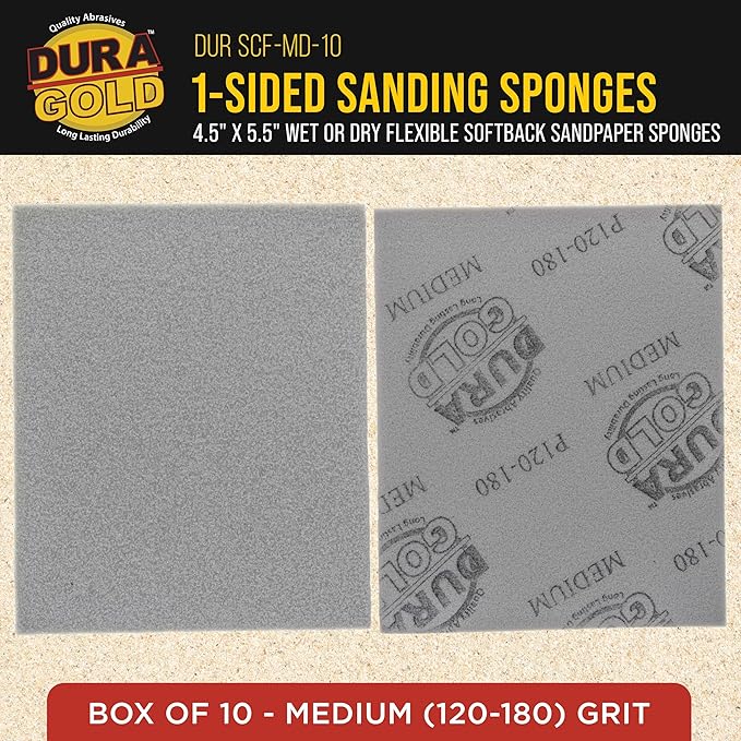 Dura-Gold Medium Cut Sanding Sponges, Box of 10-5.5" x 4.5" (120 to 180 Grit) Performance Conform & Flex Wet or Dry Flexible Softback Sandpaper Sponges, Hand Block Pad, Wood Drywall Metal Auto Paint