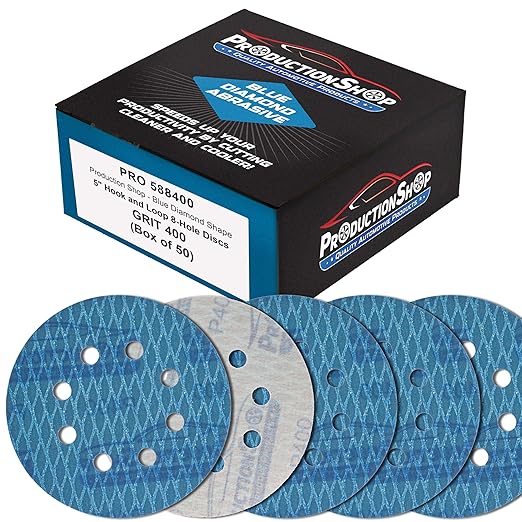 Premium 400 Grit 5" Rhombus Diamond Shape Blue Sanding Discs, 8-Hole, Box of 50 - Hook & Loop Anti-Clogging J-Cloth Dustless Sandpaper for Random Orbital Sanders, Sand Auto Paint, Wood