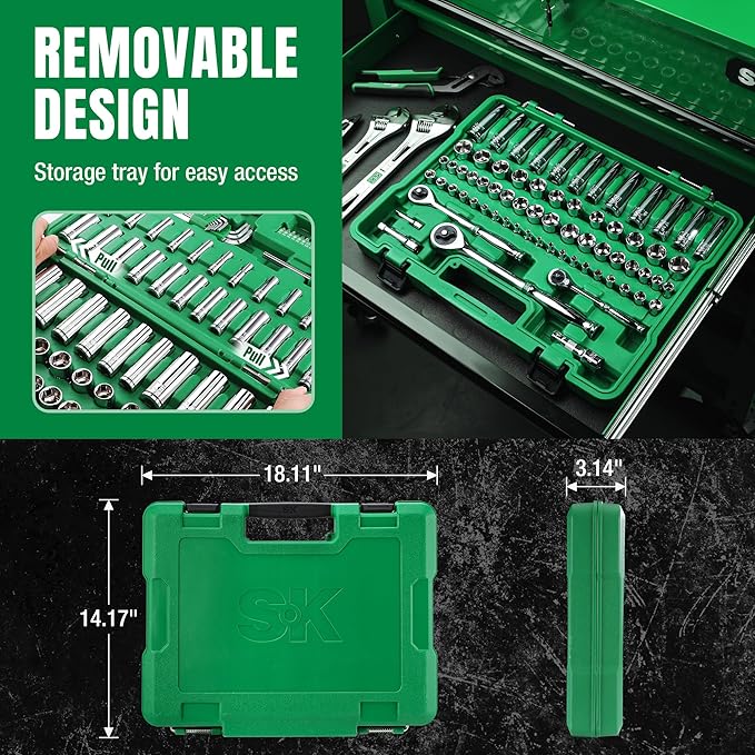 SK Mechanics Tool Set, 1/4" & 3/8" & 1/2" Drive Socket with 216-P Ratchet, 149-Piece, SAE & Metric, SuperKrome Finish, with Storage Suitcase