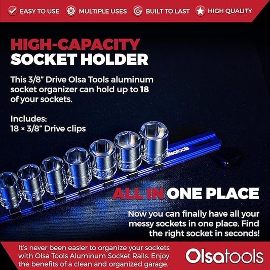 Olsa Tools Socket Organizer - 3/8-Inch Drive Blue Holder - Stores 18 Chrome or Impact Sockets - Professional Grade Metric or SAE Socket Organizer - Professional-Grade - Part 1014