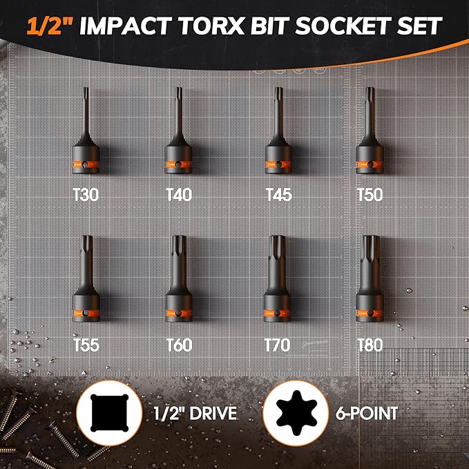 8-Piece 1/2??Drive Impact Torx Bit Socket Set, T30 T40 T45 T50 T55 T60 T70 T80, Cr-Mo Steel with Locking Pin Hole & Storage Case, Professional Grade for Automotive & Machinery Repair